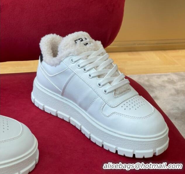 Grade Quality Prada Leather and Shearling Sneakers White 101464