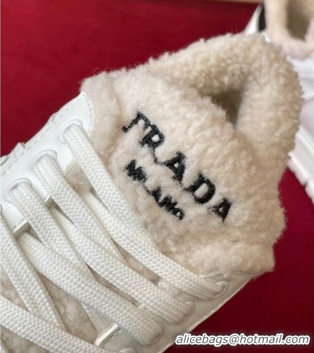 Grade Quality Prada Leather and Shearling Sneakers White 101464