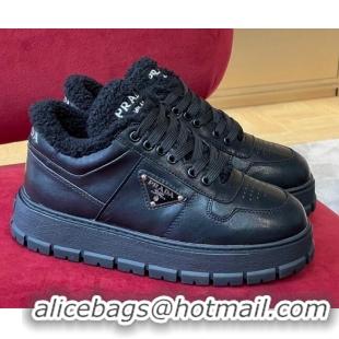 Top Quality Prada Leather and Shearling Sneakers Black 101465