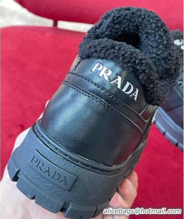 Top Quality Prada Leather and Shearling Sneakers Black 101465