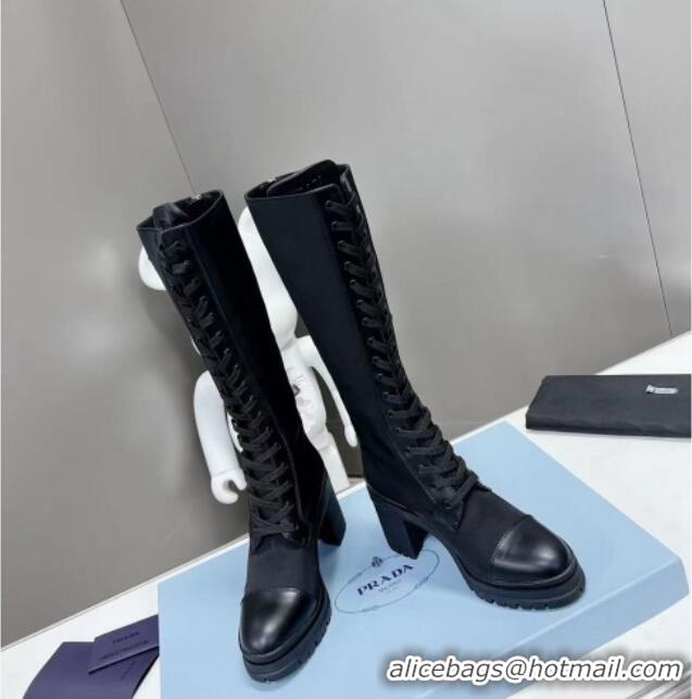 Most Popular Prada Nylon and Calf Leather Heel Lace-up High Boots Black 110296