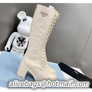 Hot Style Prada Nylon and Calf Leather Heel Lace-up High Boots White 110297 