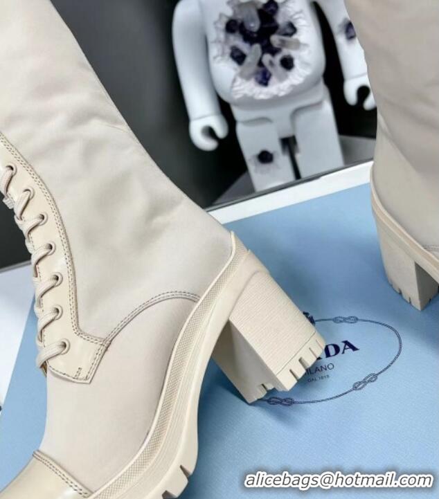 Hot Style Prada Nylon and Calf Leather Heel Lace-up High Boots White 110297 