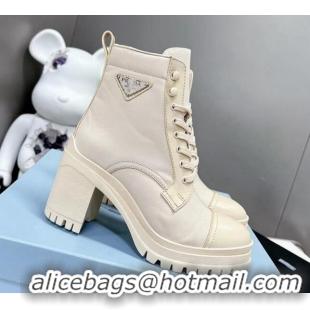 Low Cost Prada Nylon and Brushed Leather Heel Lace-up Ankle Boots 5.5cm White 1102100