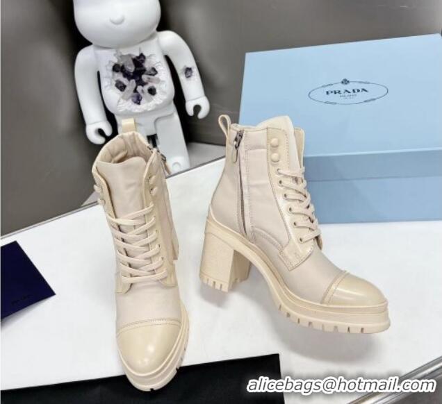 Low Cost Prada Nylon and Brushed Leather Heel Lace-up Ankle Boots 5.5cm White 1102100