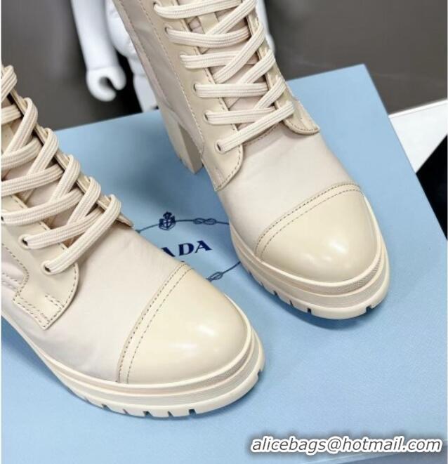 Low Cost Prada Nylon and Brushed Leather Heel Lace-up Ankle Boots 5.5cm White 1102100