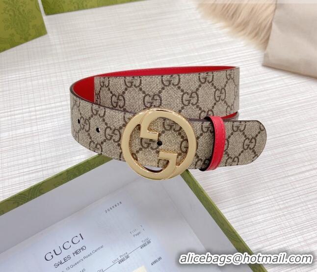 Most Popular Gucci GG Canvas and Leather Belt 38mm with Interlocking G Buckle GG2835 Beige/Red 2022