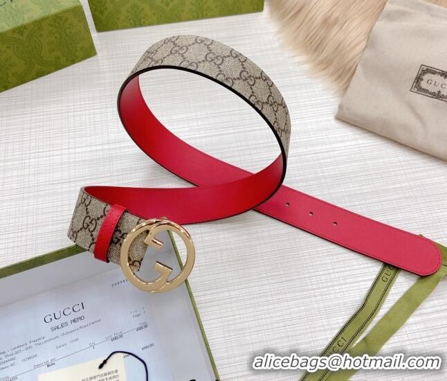 Most Popular Gucci GG Canvas and Leather Belt 38mm with Interlocking G Buckle GG2835 Beige/Red 2022