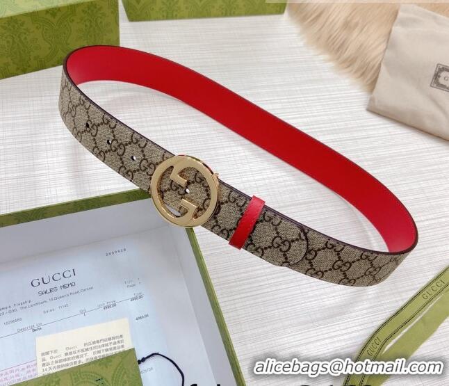 Most Popular Gucci GG Canvas and Leather Belt 38mm with Interlocking G Buckle GG2835 Beige/Red 2022