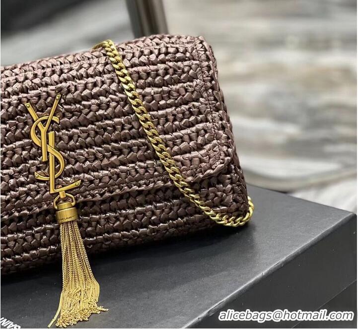 New Fashion SAINT LAUREN KATE 99 CHAIN BAG WITH TASSEL IN RAFFIA Y664276 Coffee