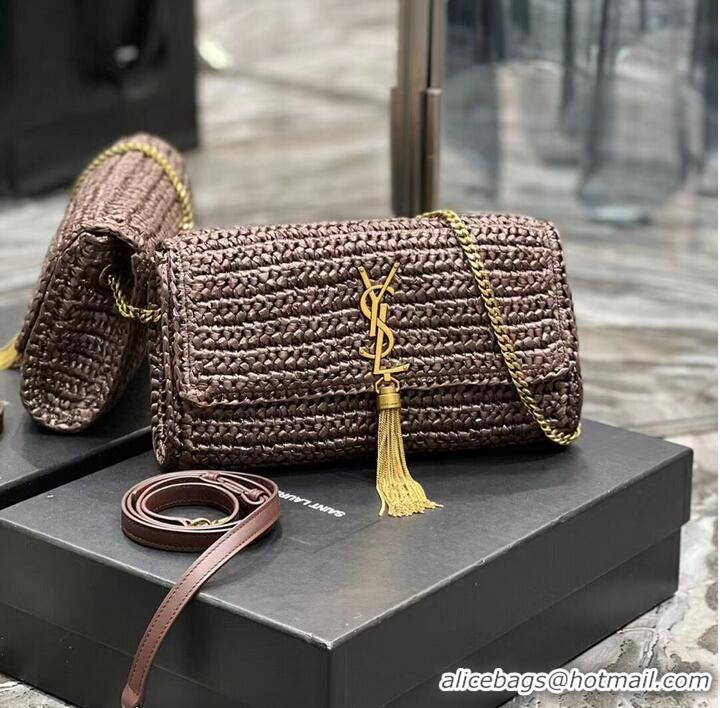 New Fashion SAINT LAUREN KATE 99 CHAIN BAG WITH TASSEL IN RAFFIA Y664276 Coffee