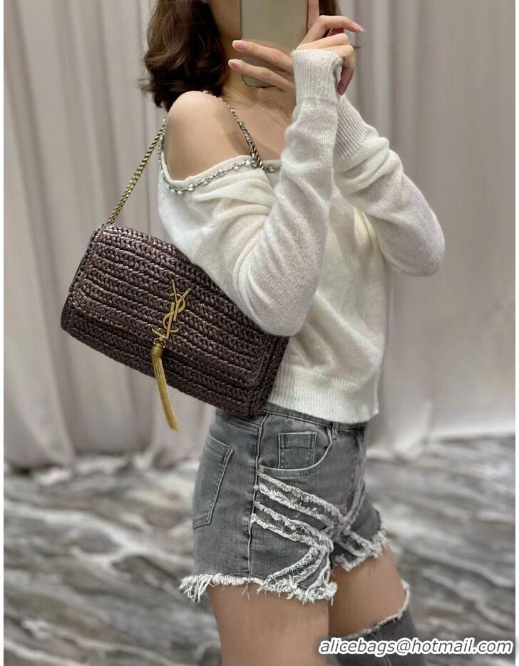 New Fashion SAINT LAUREN KATE 99 CHAIN BAG WITH TASSEL IN RAFFIA Y664276 Coffee