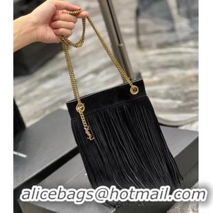 Top Quality SAINT LAURENT SMALL CHAIN BAG IN LIGHT SUEDE WITH FRINGES 683378 BLACK