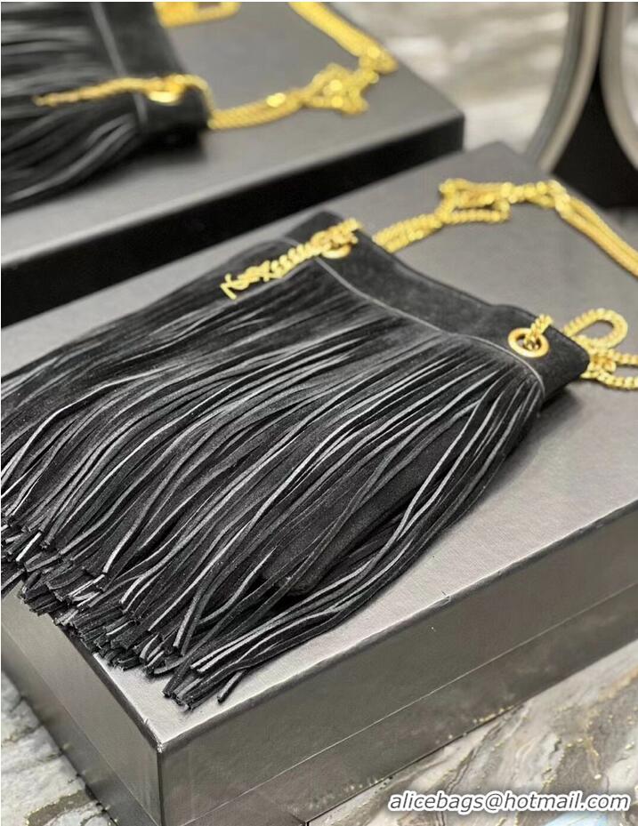 Top Quality SAINT LAURENT SMALL CHAIN BAG IN LIGHT SUEDE WITH FRINGES 683378 BLACK