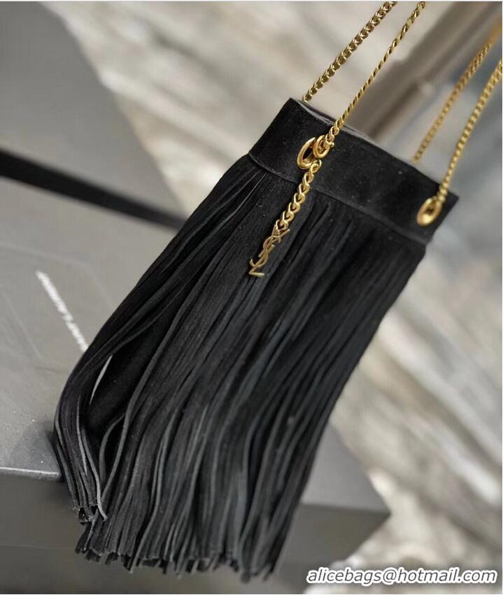 Top Quality SAINT LAURENT SMALL CHAIN BAG IN LIGHT SUEDE WITH FRINGES 683378 BLACK