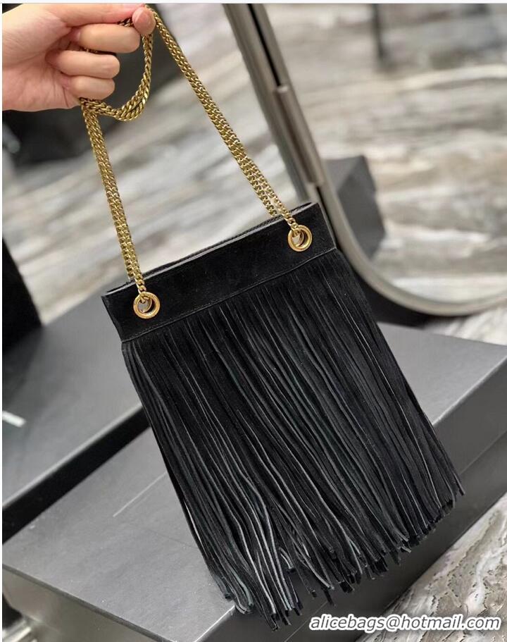 Top Quality SAINT LAURENT SMALL CHAIN BAG IN LIGHT SUEDE WITH FRINGES 683378 BLACK