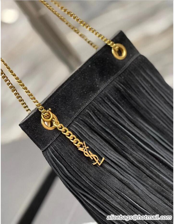 Top Quality SAINT LAURENT SMALL CHAIN BAG IN LIGHT SUEDE WITH FRINGES 683378 BLACK