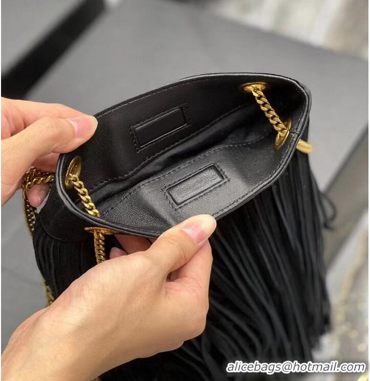 Top Quality SAINT LAURENT SMALL CHAIN BAG IN LIGHT SUEDE WITH FRINGES 683378 BLACK