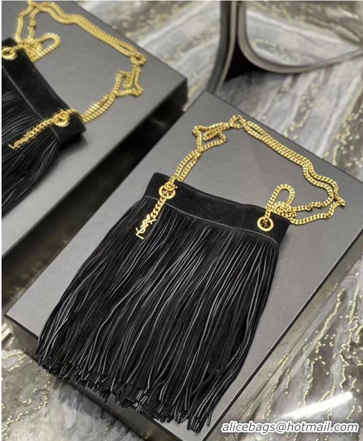 Top Quality SAINT LAURENT SMALL CHAIN BAG IN LIGHT SUEDE WITH FRINGES 683378 BLACK