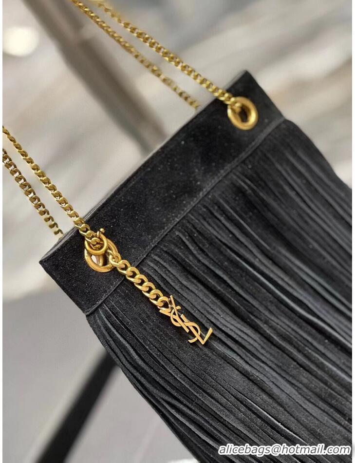 Top Quality SAINT LAURENT SMALL CHAIN BAG IN LIGHT SUEDE WITH FRINGES 683378 BLACK