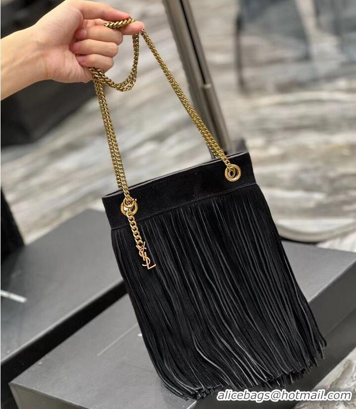 Top Quality SAINT LAURENT SMALL CHAIN BAG IN LIGHT SUEDE WITH FRINGES 683378 BLACK