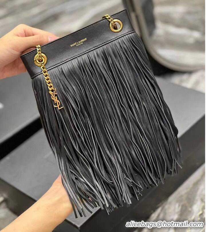 Good Quality SAINT LAURENT SMALL CHAIN BAG IN SMOOTH LEATHER WITH FRINGES 683378 BLACK