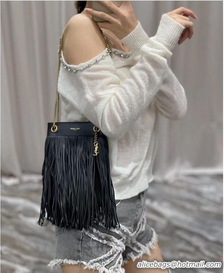 Good Quality SAINT LAURENT SMALL CHAIN BAG IN SMOOTH LEATHER WITH FRINGES 683378 BLACK