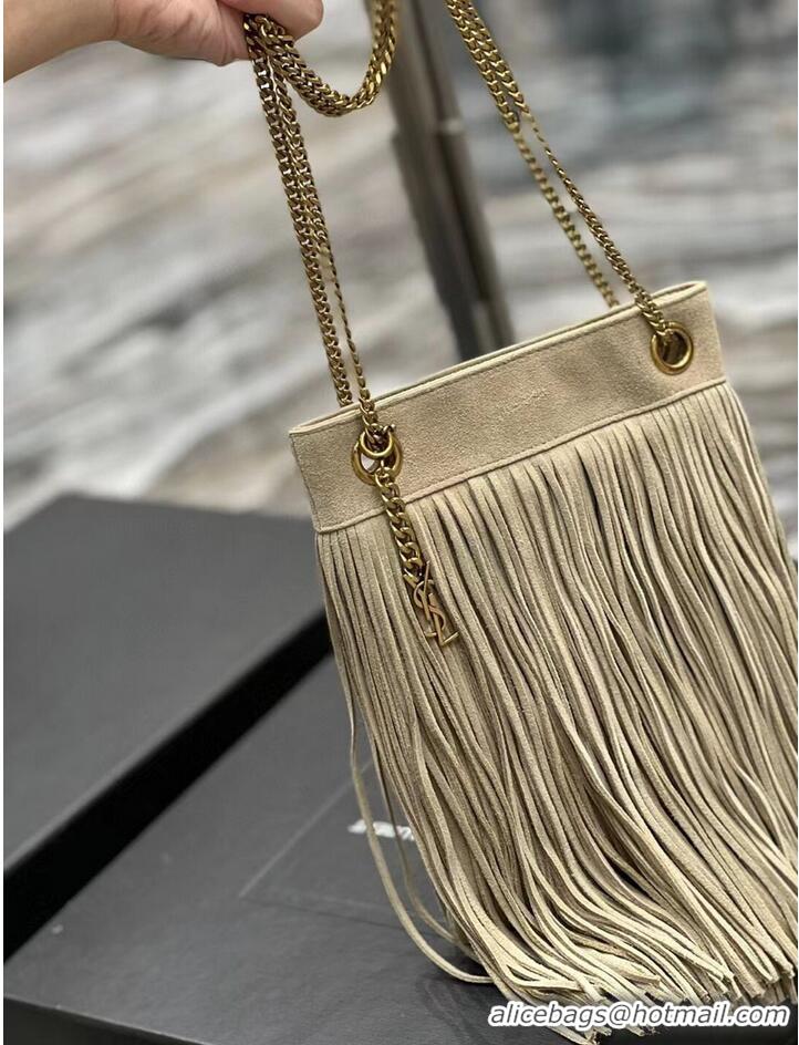 Luxurious SAINT LAURENT SMALL CHAIN BAG IN LIGHT SUEDE WITH FRINGES 683378 GRAY