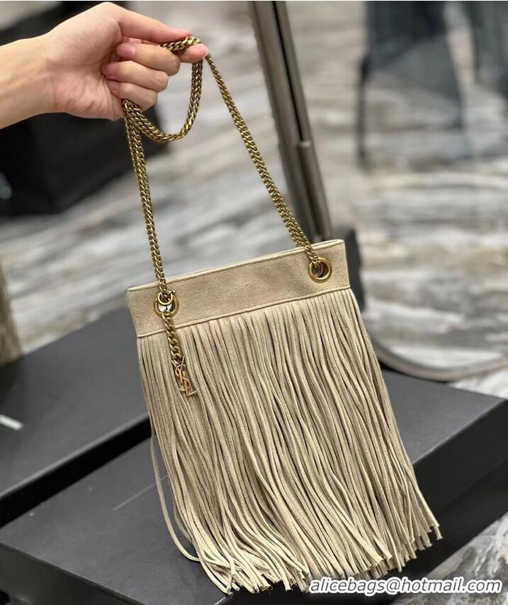 Luxurious SAINT LAURENT SMALL CHAIN BAG IN LIGHT SUEDE WITH FRINGES 683378 GRAY