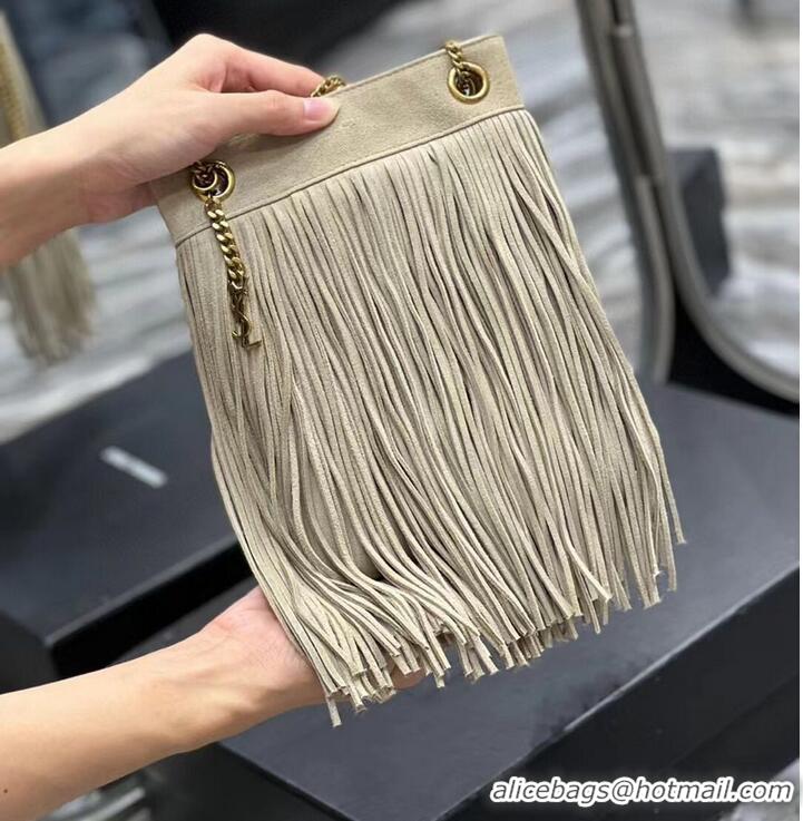 Luxurious SAINT LAURENT SMALL CHAIN BAG IN LIGHT SUEDE WITH FRINGES 683378 GRAY