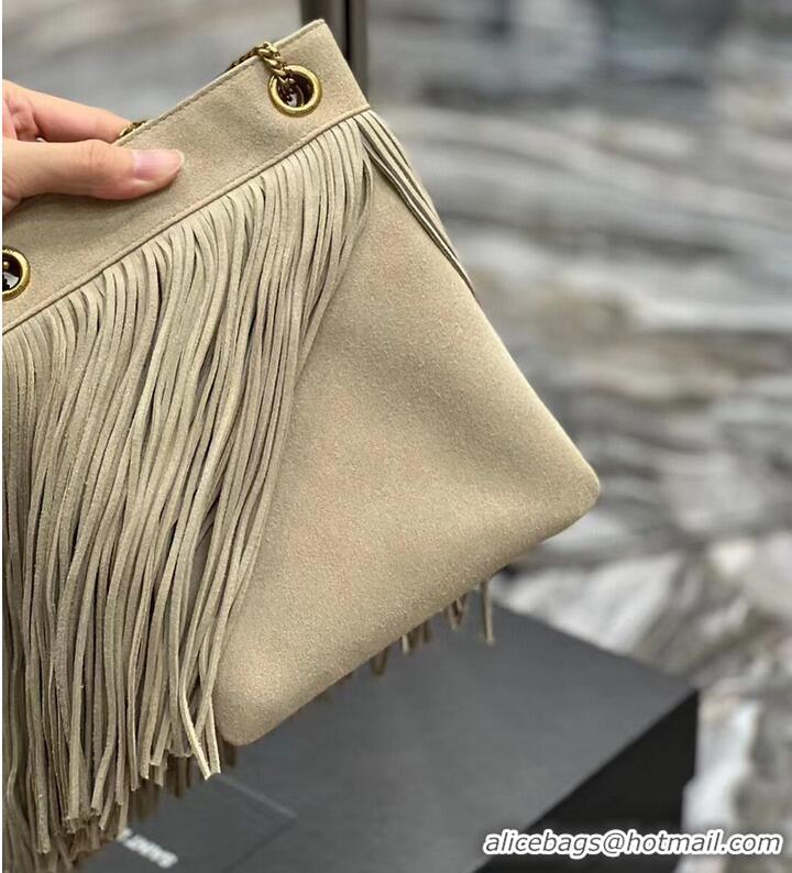 Luxurious SAINT LAURENT SMALL CHAIN BAG IN LIGHT SUEDE WITH FRINGES 683378 GRAY