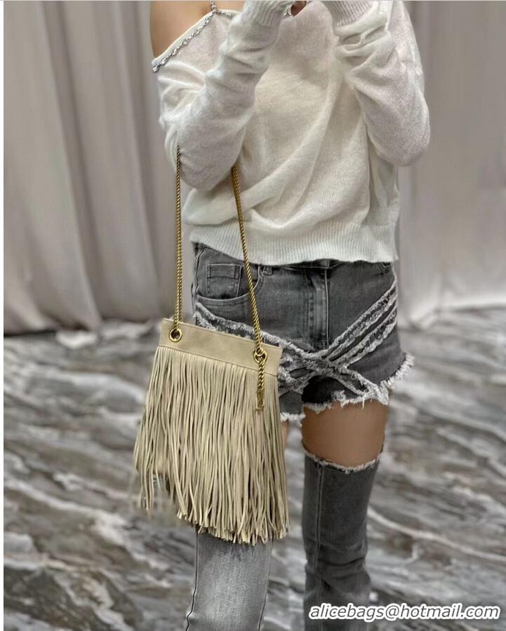 Luxurious SAINT LAURENT SMALL CHAIN BAG IN LIGHT SUEDE WITH FRINGES 683378 GRAY