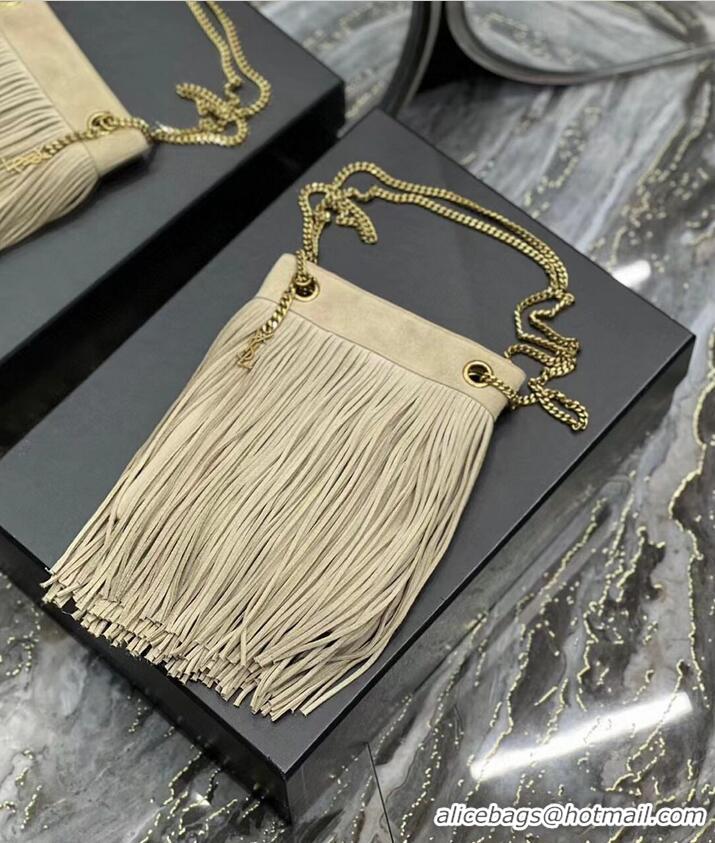 Luxurious SAINT LAURENT SMALL CHAIN BAG IN LIGHT SUEDE WITH FRINGES 683378 GRAY