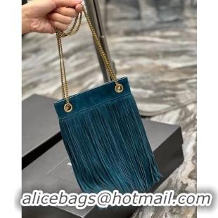 Good Quality SAINT LAURENT SMALL CHAIN BAG IN LIGHT SUEDE WITH FRINGES 683378 blue