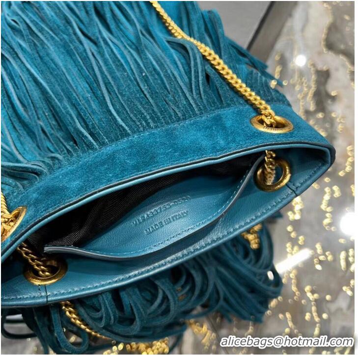 Good Quality SAINT LAURENT SMALL CHAIN BAG IN LIGHT SUEDE WITH FRINGES 683378 blue