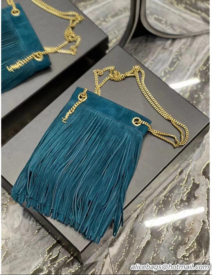 Good Quality SAINT LAURENT SMALL CHAIN BAG IN LIGHT SUEDE WITH FRINGES 683378 blue