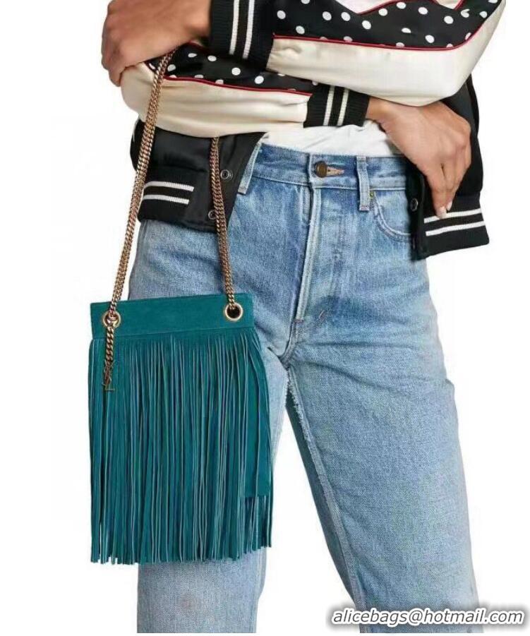 Good Quality SAINT LAURENT SMALL CHAIN BAG IN LIGHT SUEDE WITH FRINGES 683378 blue