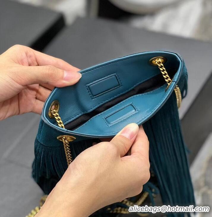 Good Quality SAINT LAURENT SMALL CHAIN BAG IN LIGHT SUEDE WITH FRINGES 683378 blue