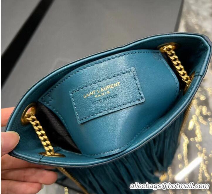 Good Quality SAINT LAURENT SMALL CHAIN BAG IN LIGHT SUEDE WITH FRINGES 683378 blue