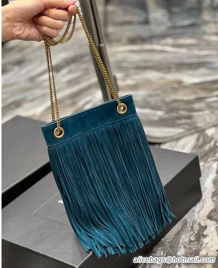 Good Quality SAINT LAURENT SMALL CHAIN BAG IN LIGHT SUEDE WITH FRINGES 683378 blue