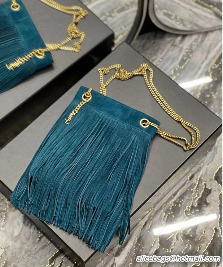 Good Quality SAINT LAURENT SMALL CHAIN BAG IN LIGHT SUEDE WITH FRINGES 683378 blue