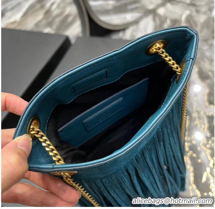 Good Quality SAINT LAURENT SMALL CHAIN BAG IN LIGHT SUEDE WITH FRINGES 683378 blue