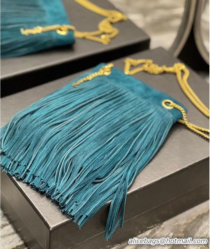 Good Quality SAINT LAURENT SMALL CHAIN BAG IN LIGHT SUEDE WITH FRINGES 683378 blue