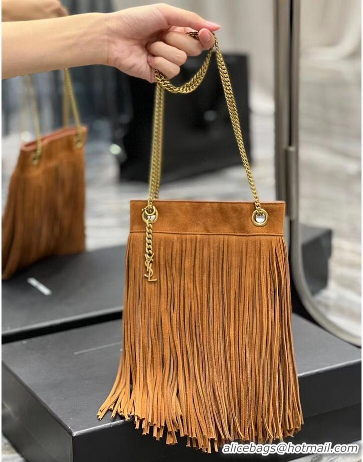 Promotional SAINT LAURENT SMALL CHAIN BAG IN LIGHT SUEDE WITH FRINGES 683378 brown