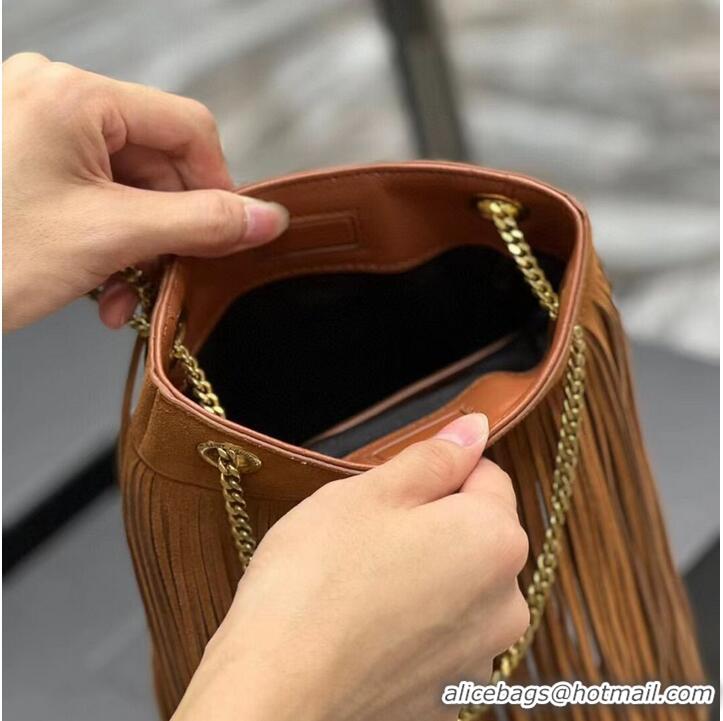 Promotional SAINT LAURENT SMALL CHAIN BAG IN LIGHT SUEDE WITH FRINGES 683378 brown