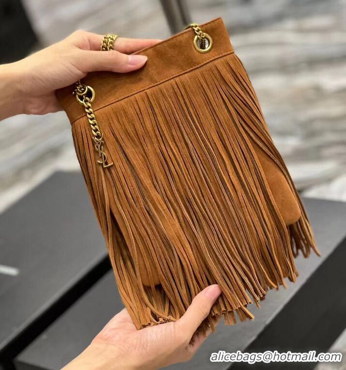 Promotional SAINT LAURENT SMALL CHAIN BAG IN LIGHT SUEDE WITH FRINGES 683378 brown