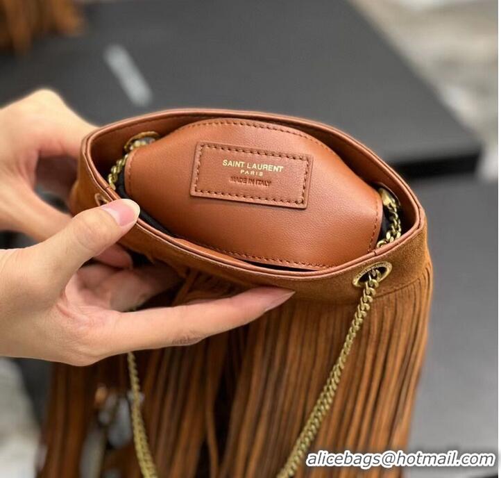 Promotional SAINT LAURENT SMALL CHAIN BAG IN LIGHT SUEDE WITH FRINGES 683378 brown