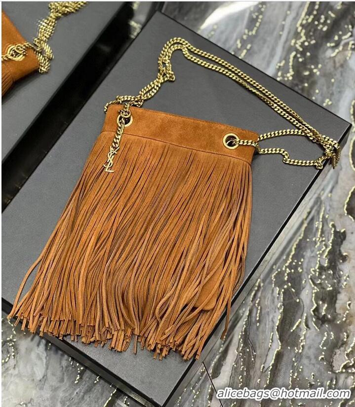 Promotional SAINT LAURENT SMALL CHAIN BAG IN LIGHT SUEDE WITH FRINGES 683378 brown