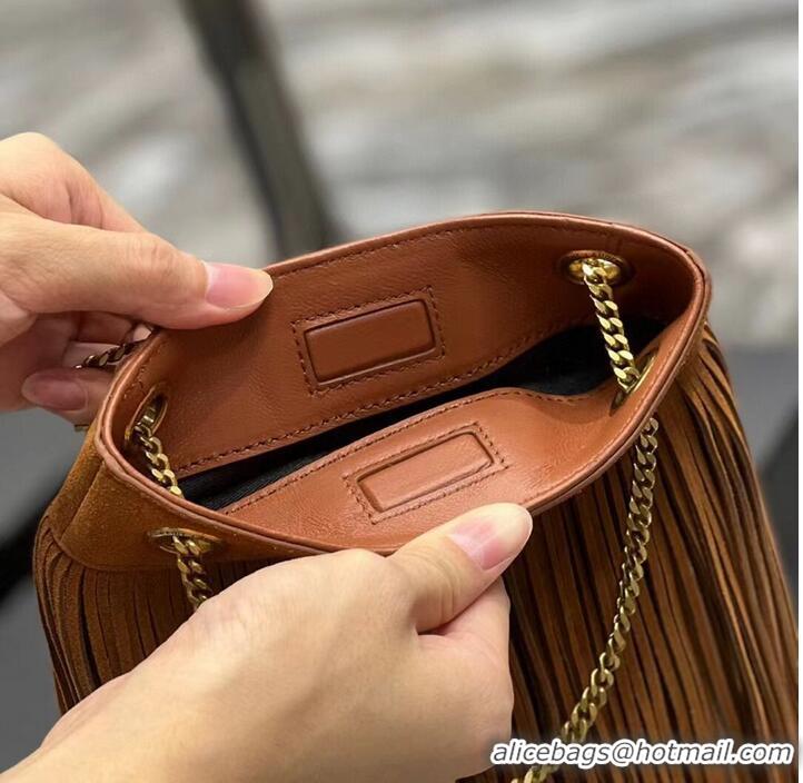 Promotional SAINT LAURENT SMALL CHAIN BAG IN LIGHT SUEDE WITH FRINGES 683378 brown