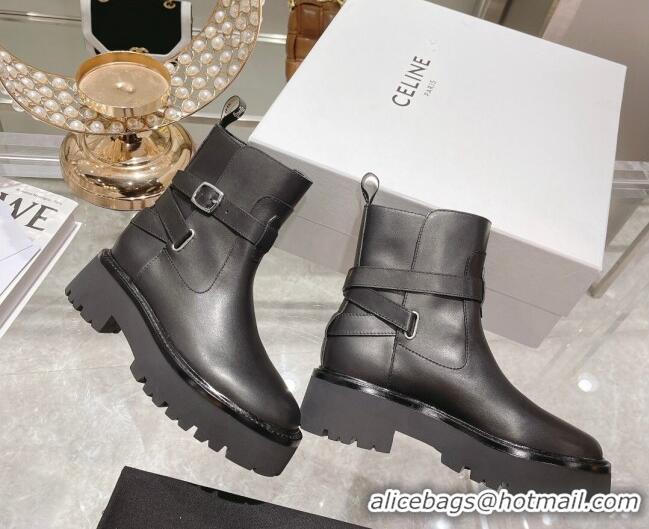 Grade Quality Celine Calfskin Ankle Boots with Buckle Black 090710